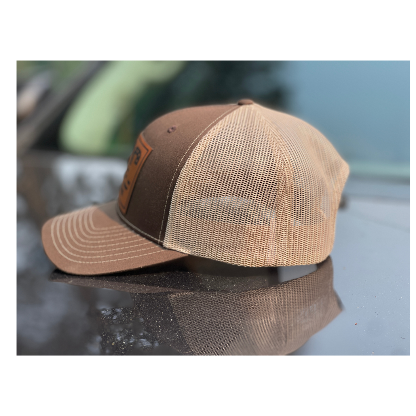 KHAKI AND TAN UNION GANG LEATHER PATCH MESH BACK HAT